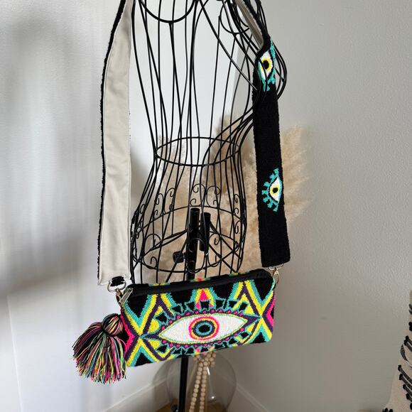 Boutique Handmade Evil Eye Woven Convertible Colorful Clutch Purse Tasseled - Picture 10 of 10